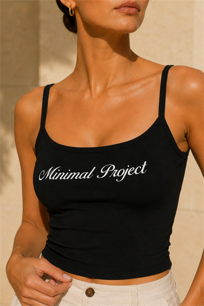 Kadın Siyah Minimal Project Baskılı İnce Askılı Crop Atlet