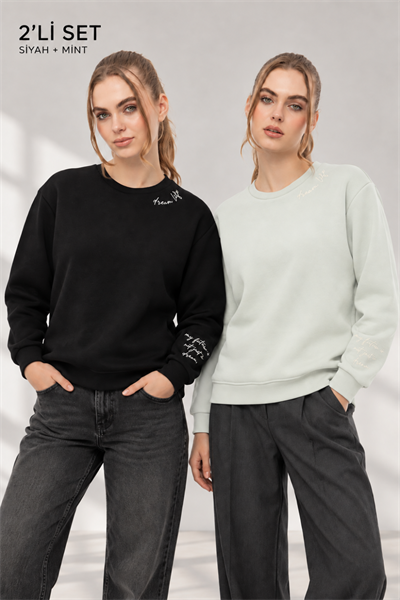 Kadın Siyah Mint 2’li Şardonlu Nakışlı Sweatshirt Seti