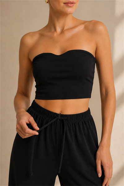 Kadın Siyah Straplez Crop Üst Bol Paça Pantolon Takım