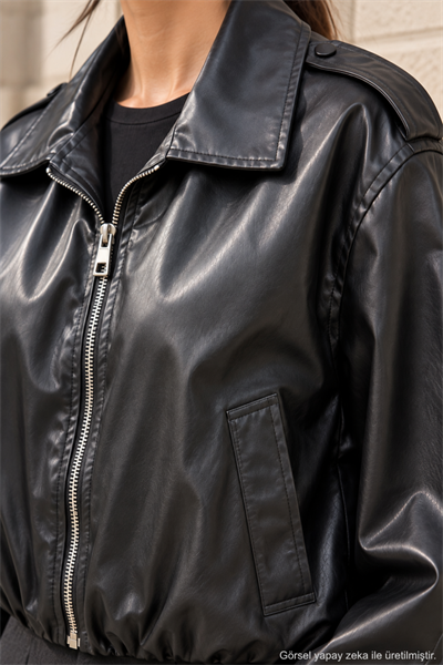 Kadın Siyah Suni Deri Fermuarlı Oversize Bomber Ceket Siyah