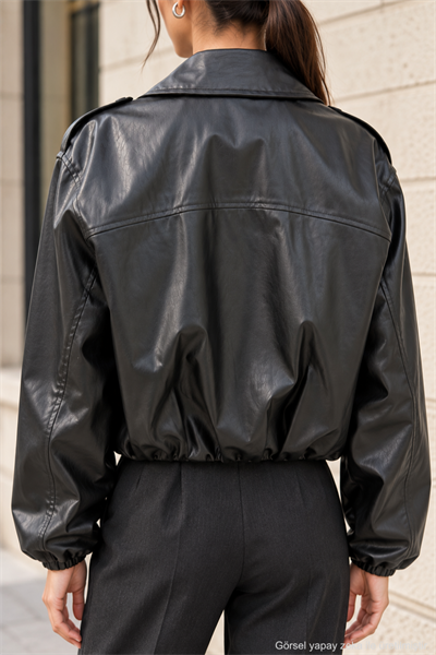 Kadın Siyah Suni Deri Fermuarlı Oversize Bomber Ceket Siyah