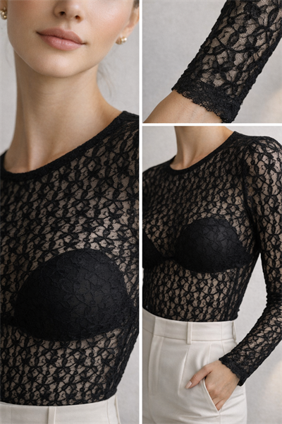 Kadın Siyah Transparan Dantel Uzun Kollu İç Gösteren Likralı Tül Bluz