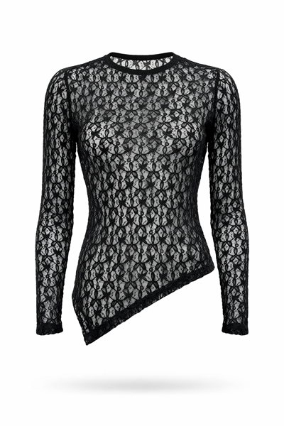 Kadın Siyah Transparan Dantel Uzun Kollu İç Gösteren Likralı Tül Bluz