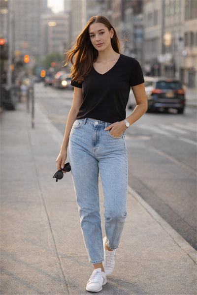 Kadın Siyah V Yaka %100 Pamuk Basic Tişört