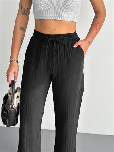 Kadın Siyah Yüksek Bel Geniş Paça Müslin Pantolon