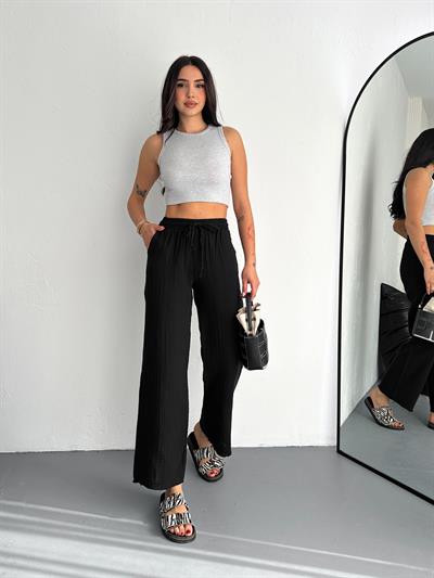 Kadın Siyah Yüksek Bel Geniş Paça Müslin Pantolon