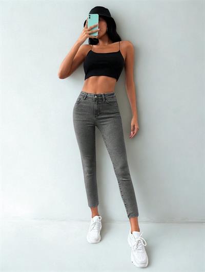 Kadın Skinny Fit Yüksek Bel Jeans Gri