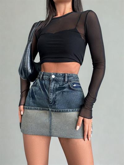 Kadın Slim Fit Cepli Mini Kot Etek Mavi