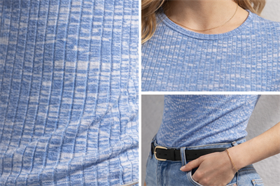 Kadın Slim Fit Dokulu Fitilli Kısa Kollu Tişört Mavi