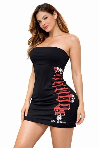 Kadın Straplez Likralı Vücuda Oturan Baskılı Siyah Mini Elbise