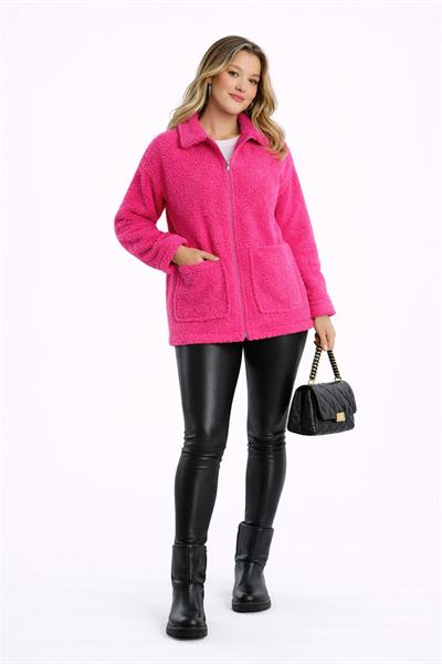 Kadın Tam Fermuarlı Cep Detaytlı Sherpa Ceket Mont Fuşya