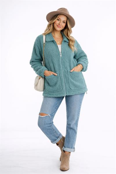 Kadın Tam Fermuarlı Cep Detaytlı Sherpa Ceket Mont Petrol