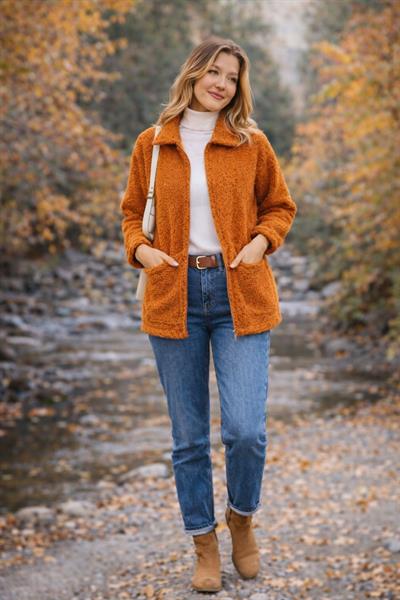 Kadın Tam Fermuarlı Cep Detaytlı Sherpa Ceket Mont Tarçın