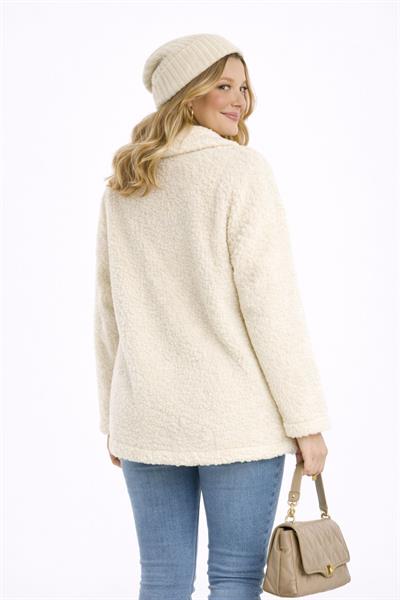 Kadın Tam Fermuarlı Cep Detaytlı Sherpa Ceket Mont Ekru
