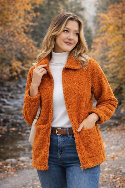 Kadın Tam Fermuarlı Cep Detaytlı Sherpa Ceket Mont Tarçın