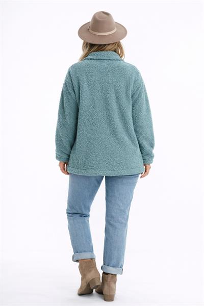 Kadın Tam Fermuarlı Cep Detaytlı Sherpa Ceket Mont Petrol