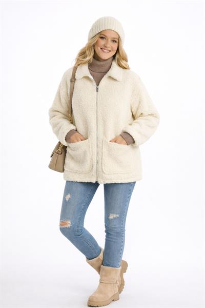 Kadın Tam Fermuarlı Cep Detaytlı Sherpa Ceket Mont Ekru