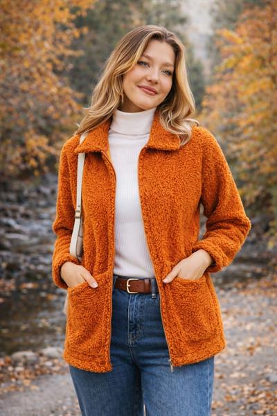 Kadın Tam Fermuarlı Cep Detaytlı Sherpa Ceket Mont Tarçın