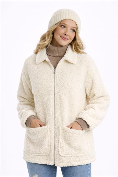 Kadın Tam Fermuarlı Cep Detaytlı Sherpa Ceket Mont Ekru