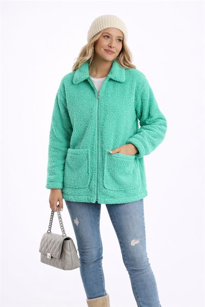 Kadın Tam Fermuarlı Cep Detaytlı Sherpa Ceket Mont Yeşil