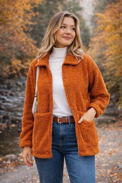 Kadın Tam Fermuarlı Cep Detaytlı Sherpa Ceket Mont Tarçın