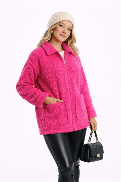 Kadın Tam Fermuarlı Cep Detaytlı Sherpa Ceket Mont Fuşya