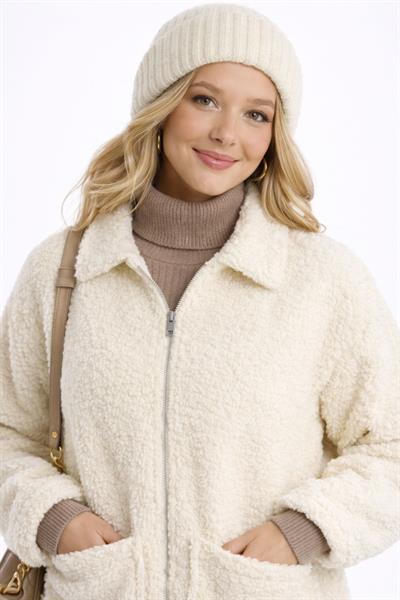 Kadın Tam Fermuarlı Cep Detaytlı Sherpa Ceket Mont Ekru