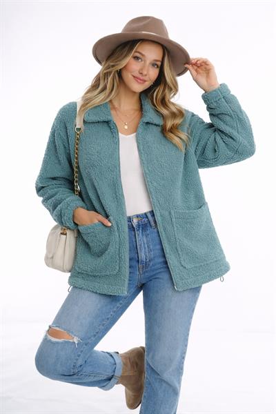 Kadın Tam Fermuarlı Cep Detaytlı Sherpa Ceket Mont Petrol