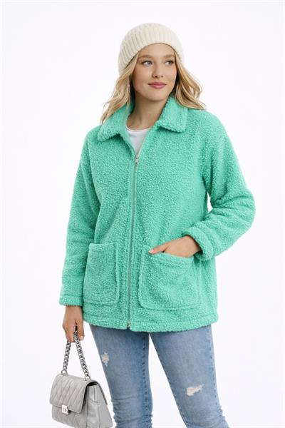 Kadın Tam Fermuarlı Cep Detaytlı Sherpa Ceket Mont Yeşil