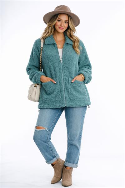 Kadın Tam Fermuarlı Cep Detaytlı Sherpa Ceket Mont Petrol