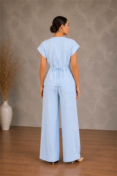 Kadın Tek Düğmeli Beli Bağlamalı Keten Görünümlü Geniş Paça Pantolonlu İkili Takım - Mavi