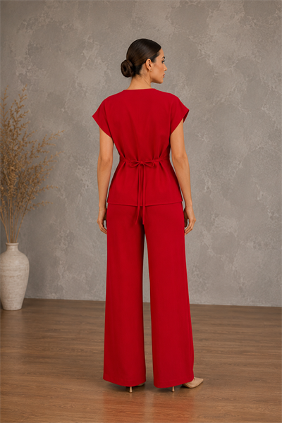 Kadın Tek Düğmeli Beli Bağlamalı Keten Görünümlü Geniş Paça Pantolonlu İkili Takım - Kırmızı