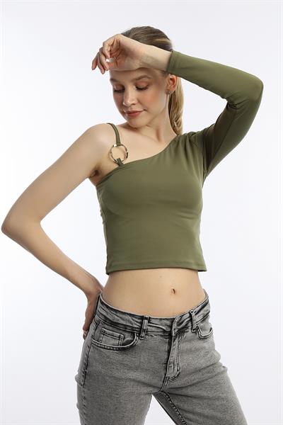 Kadın Tek Kol Detaylı Allegro Kumaş Tişört Haki