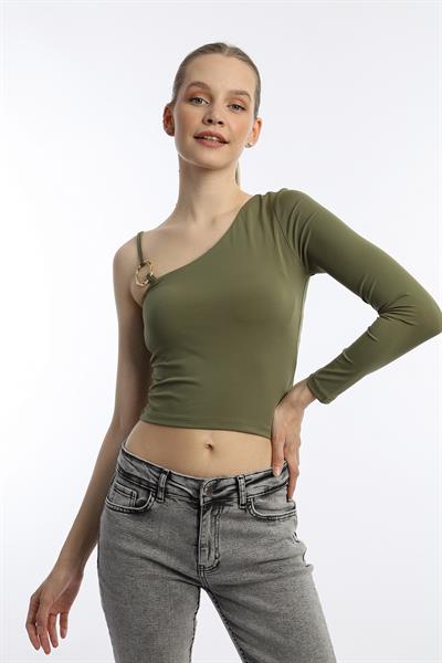 Kadın Tek Kol Detaylı Allegro Kumaş Tişört Haki