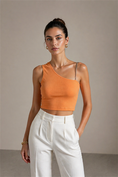 Kadın Tek Omuz Zincir Askılı Fitilli Crop Bluz Turuncu