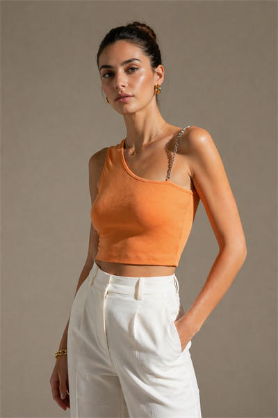 Kadın Tek Omuz Zincir Askılı Fitilli Crop Bluz Turuncu