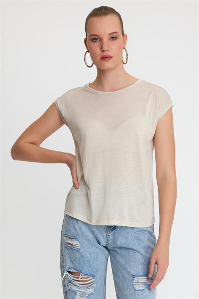 Kadın Tencel Kumaş Bisiklet Yaka T-shırt Taş