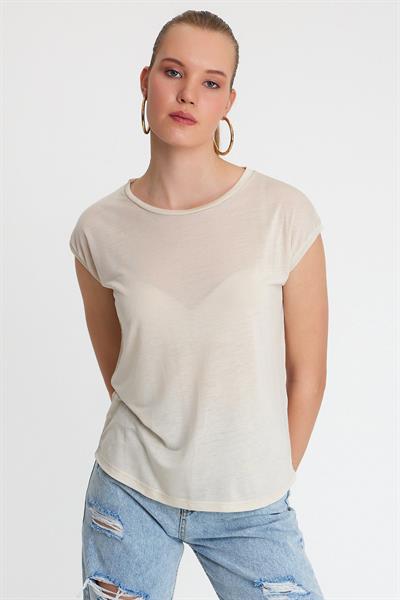 Kadın Tencel Kumaş Bisiklet Yaka T-shırt Taş