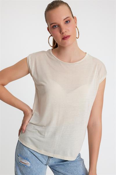 Kadın Tencel Kumaş Bisiklet Yaka T-shırt Taş