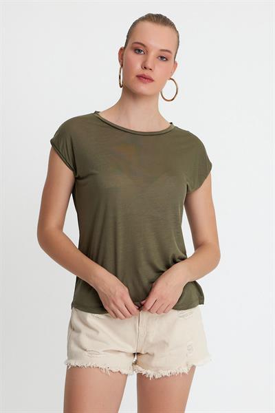 Kadın Tencel Kumaş Bisiklet Yaka T-shırt Haki