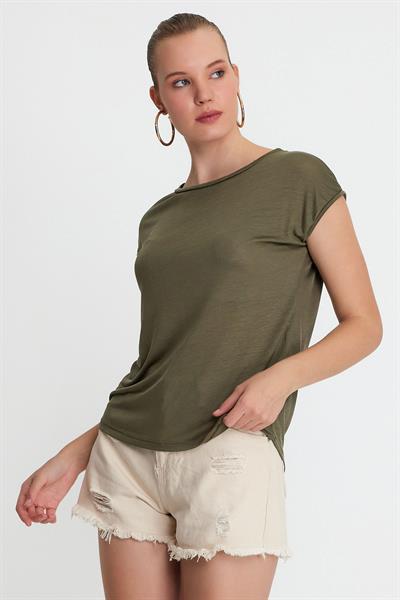 Kadın Tencel Kumaş Bisiklet Yaka T-shırt Haki