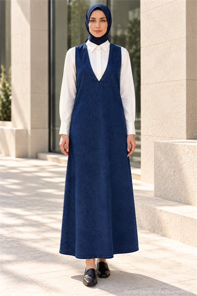 Kadın Tesettür Derin V Yaka Denim Jile Elbise