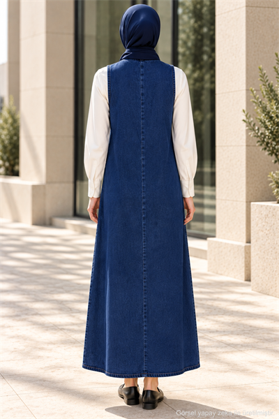 Kadın Tesettür Derin V Yaka Denim Jile Elbise