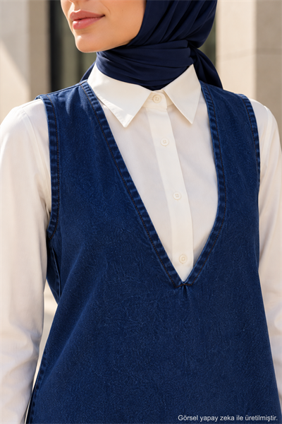Kadın Tesettür Derin V Yaka Denim Jile Elbise