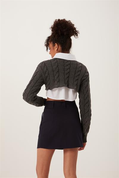 Kadın Triko Crop Sweatshirt Antrasit