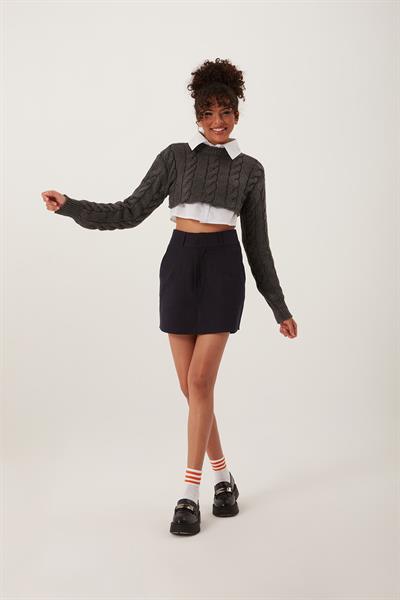 Kadın Triko Crop Sweatshirt Antrasit