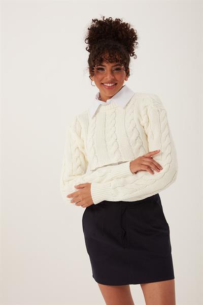 Kadın Triko Crop Sweatshirt Krem