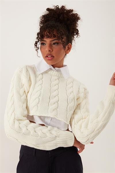 Kadın Triko Crop Sweatshirt Krem