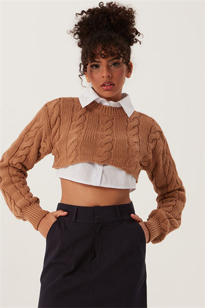 Kadın Triko Crop Sweatshirt Taba