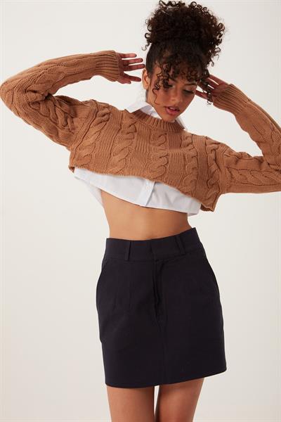 Kadın Triko Crop Sweatshirt Taba